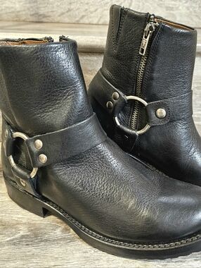 FRYE Black Leather Combat Bootie Harness Silver Tone Hardware